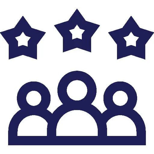 Navy elite-services icon with three stars over three people &mdash; Mississauga roofing, roof repair, roof replacement, slate roofing.