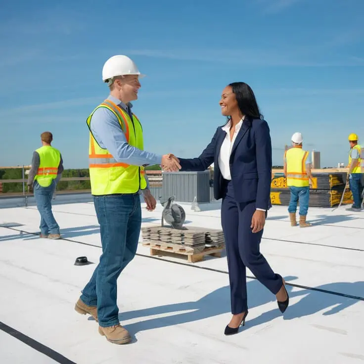 Project managers shaking hands on a commercial flat roof in Toronto, with flat roofers in the background &mdash; Right Choice Roofing and Repair
