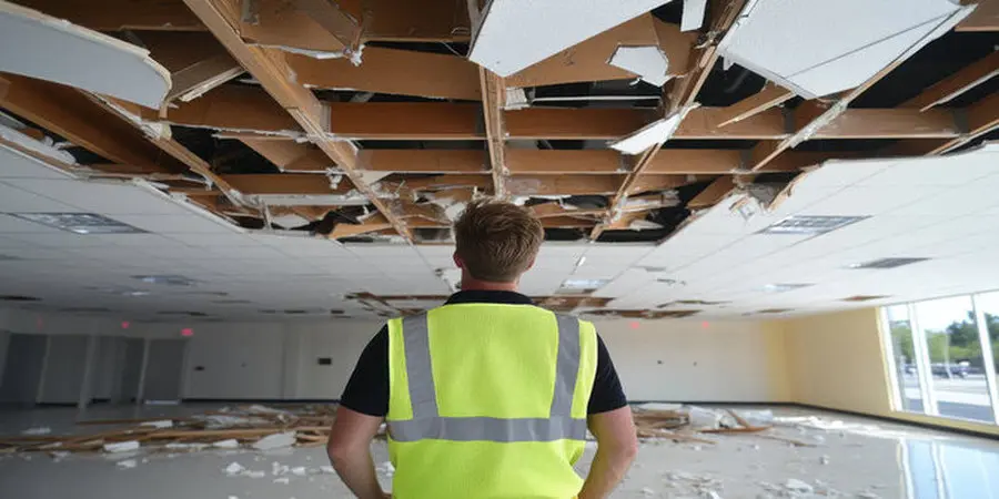 Contractor inspecting severe ceiling collapse in a Toronto commercial property caused by roof damage.