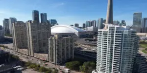 Aerial view of downtown Toronto with CN Tower and Rogers Centre, representing roofing service areas covered by Right Choice Roofing and Repair.