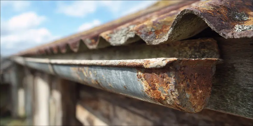 Rusted metal roofing and deteriorated gutter on a Toronto home, showing aging roofing materials that can lead to roof leaks and water damage.