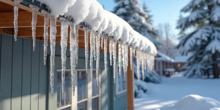 Icicles and ice buildup along a roof edge in Toronto, a common exterior red flag of roof leaks and ice dam damage requiring roof repair by Right Choice Roofing and Repair.
