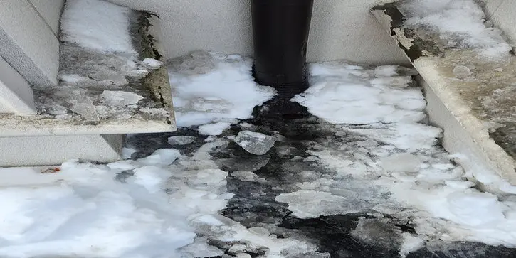 Ice buildup and frozen runoff below a downspout at a Toronto flat roof home, showing drainage issues caused by winter ice damming.