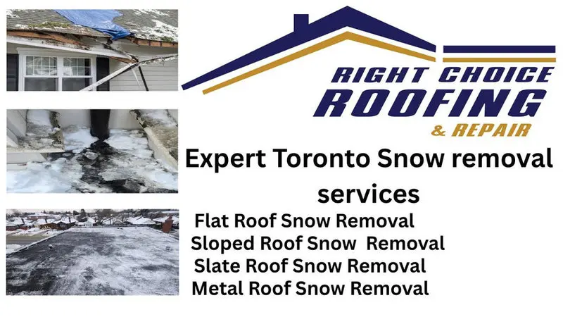 Right Choice Roofing and Repair graphic showing Toronto roof snow removal services, including flat, sloped, slate, and metal roof snow removal.