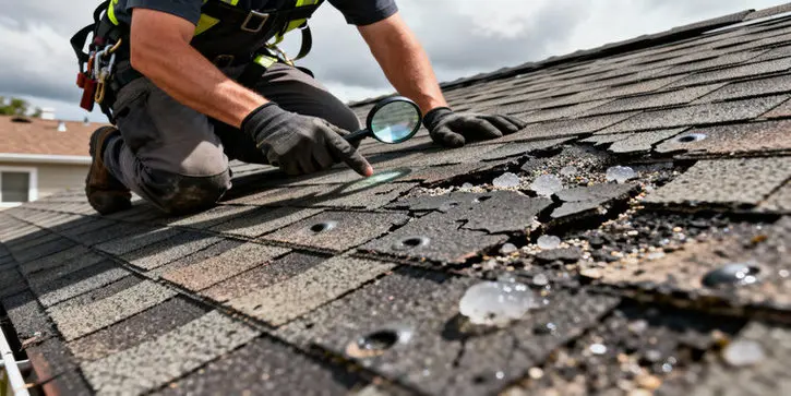 Roofer inspecting cracked asphalt shingles after hail damage in Toronto, showing weather wear and tear that can lead to roof leaks and roof repair needs.
