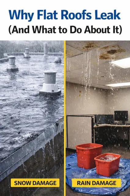 Comparison of flat roof ponding water damage and interior ceiling leak requiring emergency repair by Right Choice Roofing and Repair in Toronto