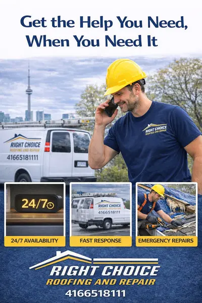 Right Choice Roofing and Repair emergency response showing availability, fast response, and emergency repairs for Toronto property owners
