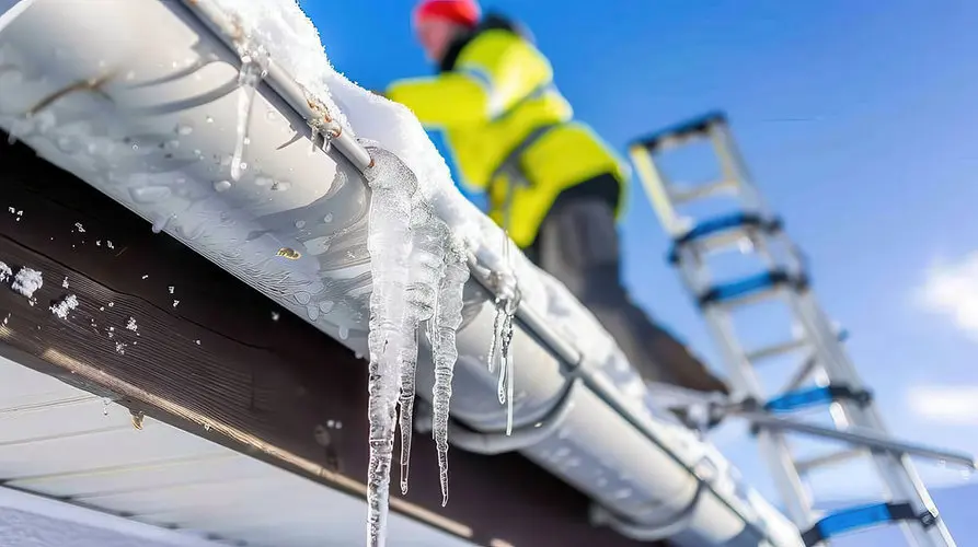 Ice dam formation on Toronto roof edge causing drainage blockage and potential leak damage