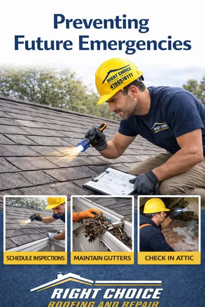 Right Choice Roofing and Repair technician conducting preventive roof inspection with detailed documentation, gutter maintenance, and attic assessment on Toronto residential property