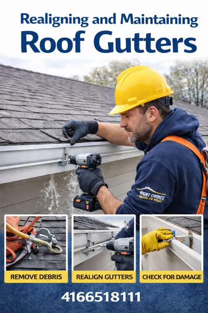 Right Choice Roofing and Repair technician realigning and repairing roof gutters on Toronto residential property using professional tools and proper installation techniques