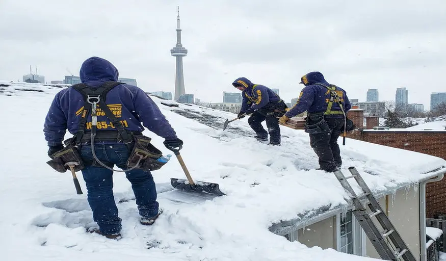 Snow removal services in Toronto by Right Choice Roofing and Repair&mdash;three experienced Roofers safely clearing heavy snow from a flat commercial roof with CN Tower visible in background, preventing ice dams and structural damage.