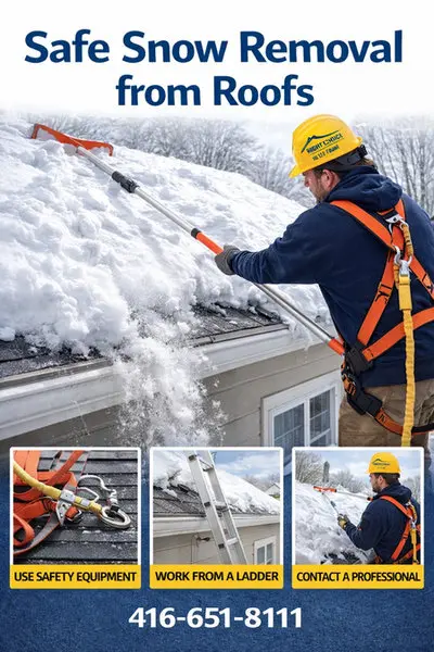 Right Choice Roofing and Repair technician safely removing snow from Toronto residential roof using proper safety equipment, roof rake, and fall protection