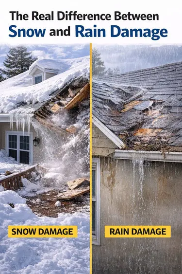 Side-by-side comparison showing snow damage versus rain damage on Toronto roofs requiring different repair approaches by Right Choice Roofing and Repair