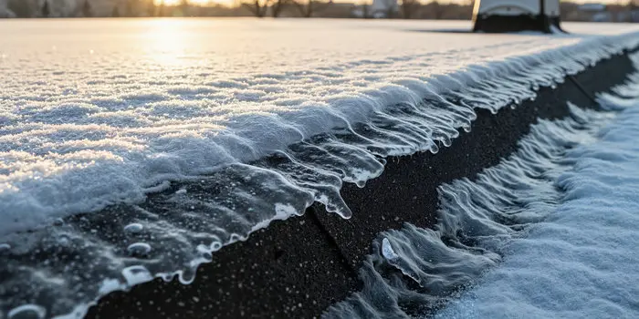 Ice damming along the edge of a flat roof during winter in Toronto