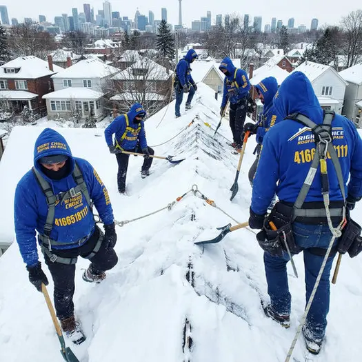 Right Choice Roofing and Repair crew removing snow from Toronto residential roof with downtown skyline in background