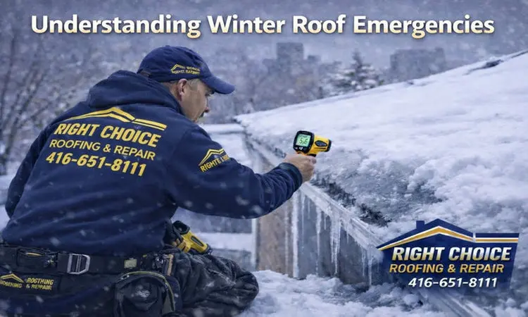 Right Choice Roofing technician using thermal imaging to assess ice dam damage and roof temperature during winter emergency inspection in Toronto