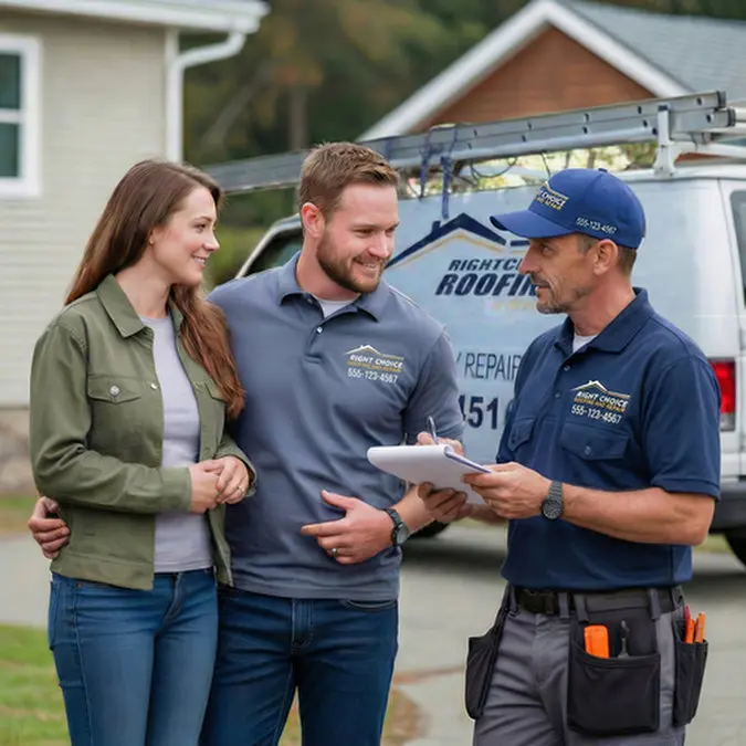 Right Choice Roofing and Repair contractor discussing roofing warranty and roof details with Toronto homeowners