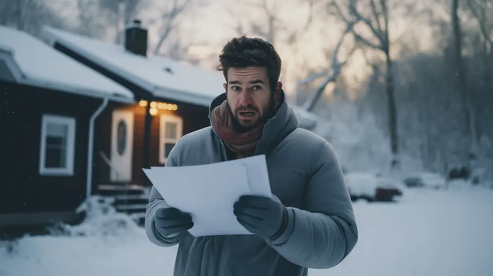 Shocked Toronto homeowner standing in snow reading expensive roof replacement and repair bill outside his winter home