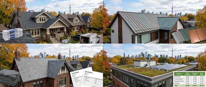 Right Choice Roofing and Repair &mdash; four panel image showing Toronto roof replacement options including asphalt shingle roof, metal roof, slate roof and flat green roof with cost estimate documents and pricing comparison table with CN Tower skyline visible in background