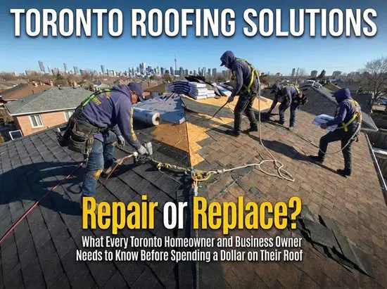 Toronto roofing crew installing new asphalt shingles on a residential roof replacement with the Toronto skyline visible in the background