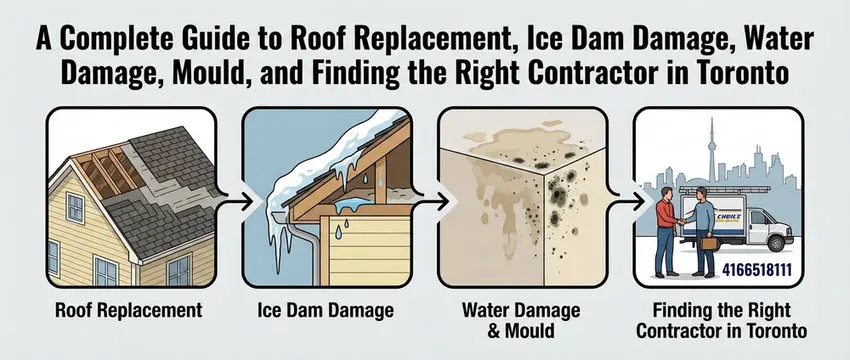 Right Choice Roofing and Repair infographic showing the complete guide to roof replacement, ice dam damage, water damage and mould, and finding the right roofing contractor in Toronto Ontario