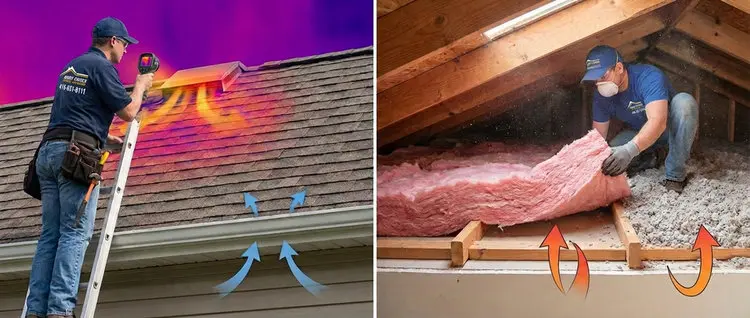 Right Choice Roofing and Repair technician performing thermal roof ventilation inspection on ladder with infrared camera showing heat loss through shingles alongside attic insulation installation in Toronto home