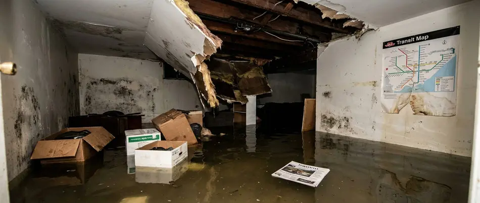 Right Choice Roofing and Repair &mdash; Severely flooded Toronto basement with collapsed ceiling, exposed rotting wood, black mould covering walls, and water damaged belongings showing consequences of ignored roof leak and water damage