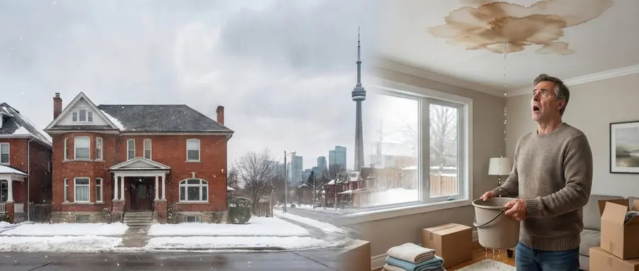 Right Choice Roofing and Repair &mdash; Toronto homeowner holding bucket catching water dripping from severely water stained ceiling inside his home while snow falls outside on his Toronto street with CN Tower visible in background