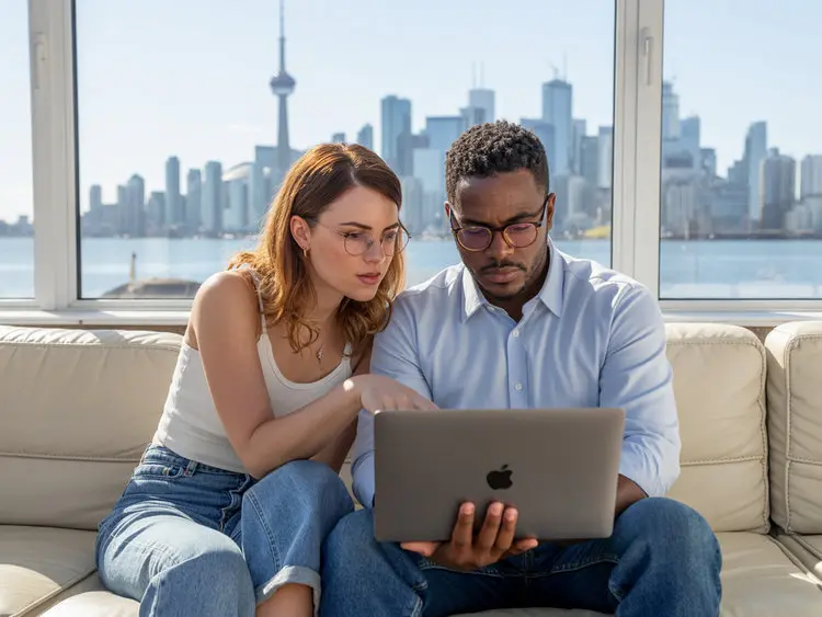 Toronto homeowners researching roof replacement options with the Toronto skyline in the background