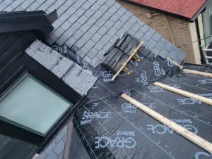 Professional installation of Grace Select waterproofing underlayment for a slate roof repair in Toronto by Right Choice Roofing.