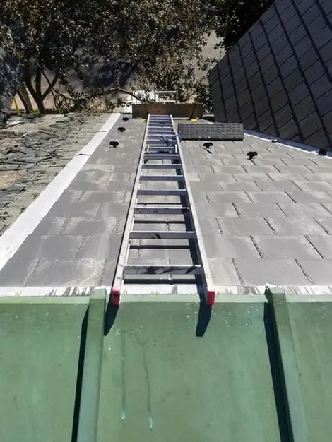 Engineered work platform providing safe access to slate roofing system during replacement project in Harbord Village Toronto by Right Choice Roofing and Repair
