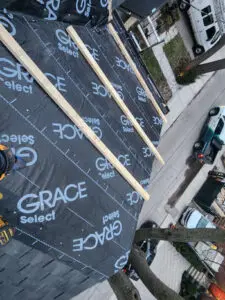 Specialized 2x4 lumber safety footing installed over a high-performance Grace Select vapor barrier by Right Choice Roofing and Repair.