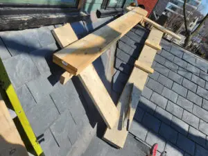 Engineered bridgework and work platform system installed by Right Choice Roofing and Repair for a Toronto slate roof replacement.