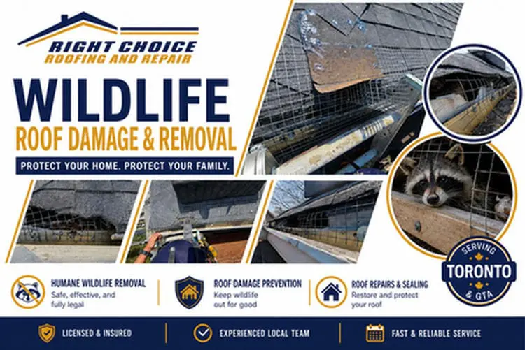 Wildlife roof damage and removal services in Toronto by Right Choice Roofing and Repair, showing raccoon intrusion repairs, galvanized screening, and roof sealing.