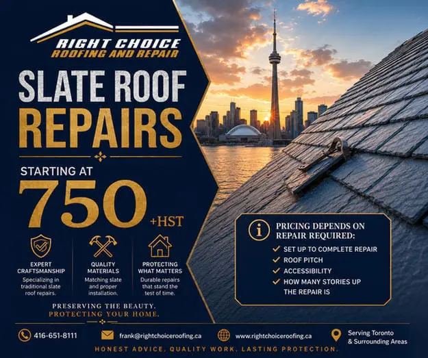 Slate roof repair in Toronto by Right Choice Roofing and Repair showing natural slate roofing with Toronto skyline and starting repair rates from $750 plus HST
