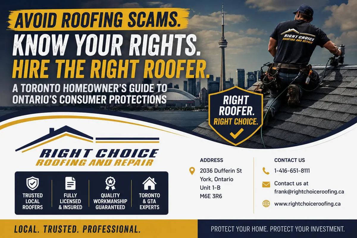 Toronto Homeowner's guide to avoiding Roofing scams &mdash; infographic from Right Choice Roofing and Repair featuring a Roofer working on a Toronto Shingle Roof with the CN Tower and downtown skyline in the background.