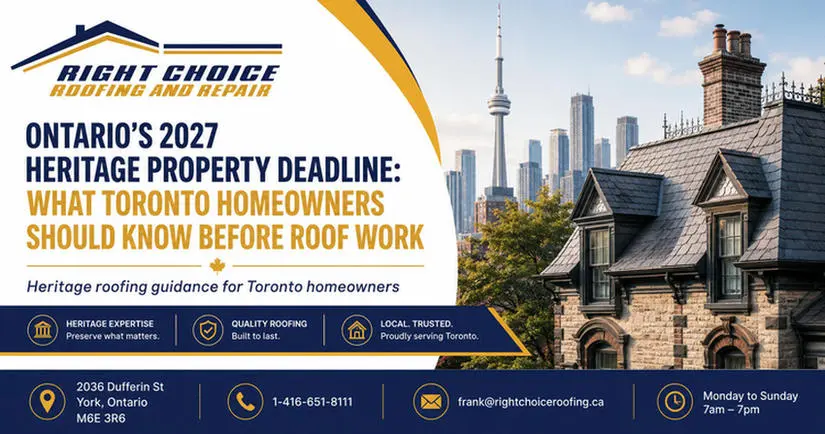 Heritage slate Roof on a Toronto home with the CN Tower in the background, promoting Ontario's 2027 Heritage Property deadline guidance from Right Choice Roofing and Repair