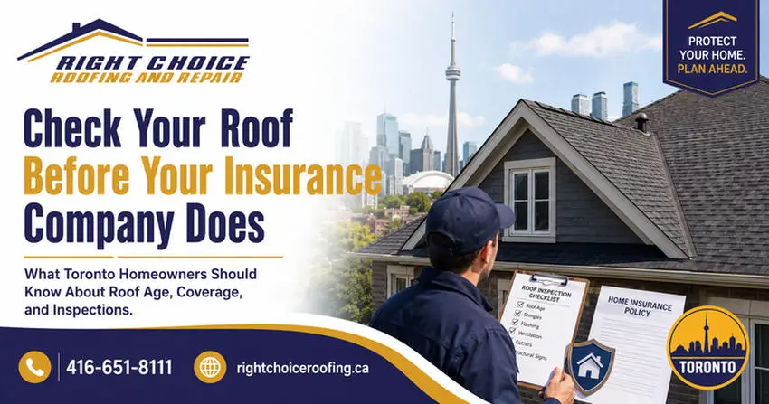 Right Choice Roofing and Repair inspector checking a Toronto Roof before a home insurance claim, with the city skyline and CN Tower in the background