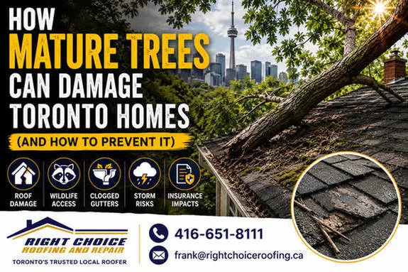 Mature tree branch resting on a Toronto roof showing potential roof damage, moss growth, wildlife access and clogged gutters.