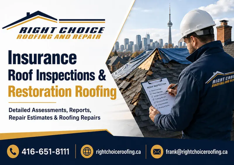 Right Choice Roofing and Repair roofer in a hard hat completing a Roof Inspection checklist on a Toronto rooftop, promoting insurance roof inspections and restoration roofing services with the CN Tower skyline in the background.