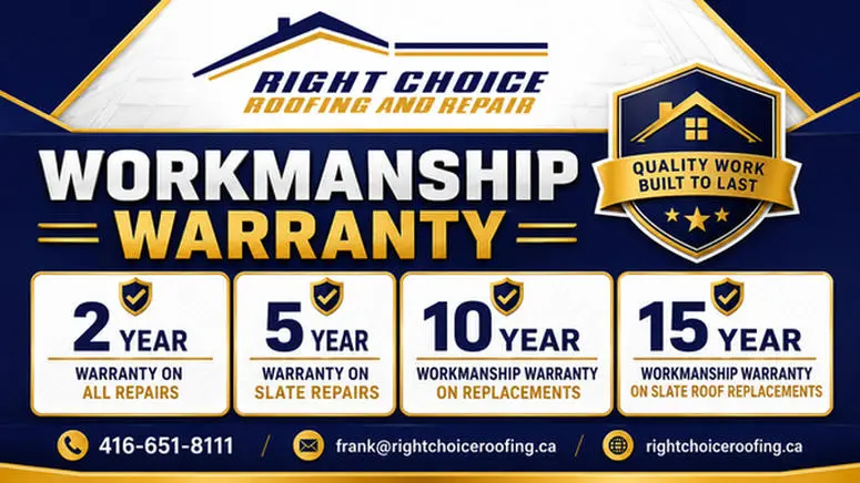 Right Choice Roofing and Repair workmanship warranty - 2 year repair warranty, 5 year slate repair warranty, 10 year replacement warranty, 15 year slate roof replacement warranty, Toronto
