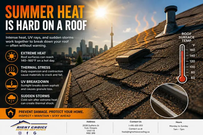 Infographic showing how Toronto summer heat waves damage a roof, including extreme heat, thermal stress, UV breakdown, and sudden storms