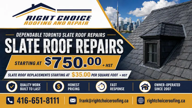 Right Choice Roofing and Repair dependable Toronto slate roof repairs starting at $750 plus HST, slate roof replacements starting at $35 per square foot plus HST, owner-operated since 2007