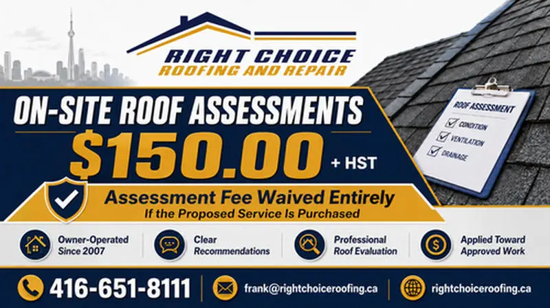 Right Choice Roofing and Repair on-site roof assessments $150 plus HST in Toronto, fee waived if proposed service is purchased