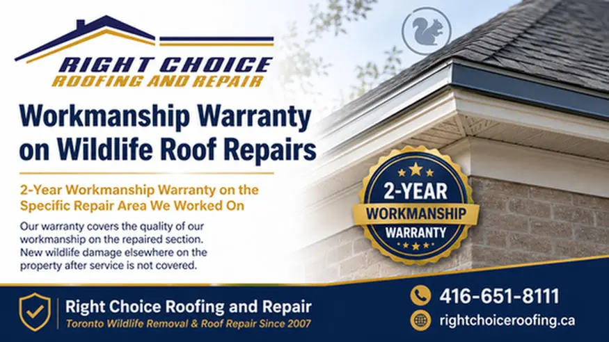 2-year workmanship warranty on wildlife roof repairs in Toronto