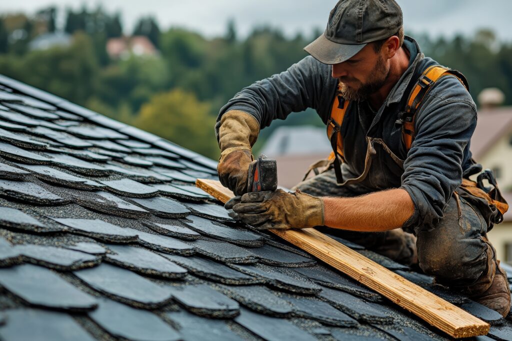 Slate Roofer who works for Slate Roofing Company in Toronto providing a Slate Roof repair on a Residential and Commercial Property which needed a Slate Roof leak repair due to a damaged Slate Roof which required Slate Roofing Emergency Slate Roof repair by Right choice roofing and repair which is Toronto's highest rated Slate Roofing Contractor