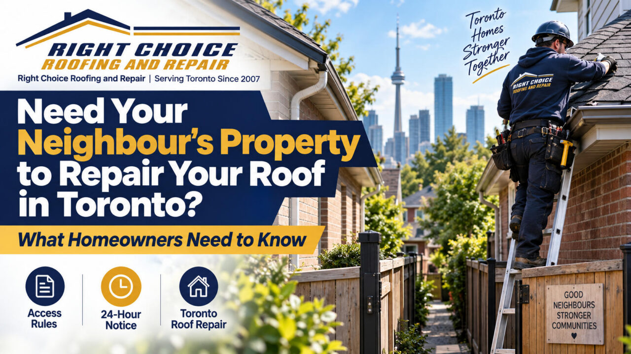 Right Choice Roofing and Repair technician repairing a Roof edge near a neighbour's fence in Toronto, CN Tower skyline behind.